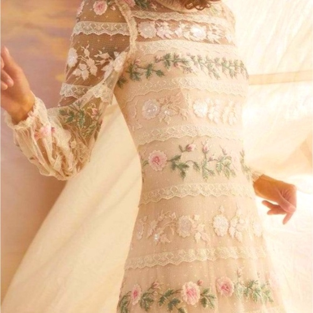 Needle & Thread x BHLDN Precious Rose 2 / XS Pink Embroidered Sequin Lace Formal - Picture 12 of 16